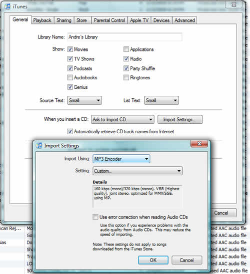 iTunes import settings